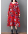 Loose O-neck Floral Print Long Sleeve Vintage Mid-long Dress