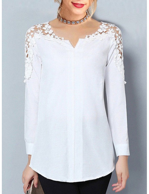 Hollow Shoulder Patchwork Long Sleeve V-neck Pullover Shirt