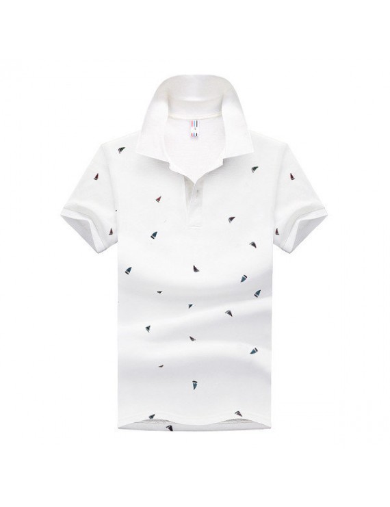 Summer Mens Short Sleeved Turndown Collar Sailing Boats Printing Golf Shirt